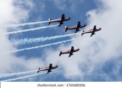 Geelong, Australia - January 26, 2020: Royal Australian Air Force Roulettes Aerobatic Team Flying Pilatus PC-21 Training Aircraft Performing Over Geelong As Part Of The Celebration Of Australia Day.