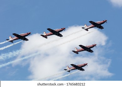 Geelong, Australia - January 26, 2020: Royal Australian Air Force Roulettes Aerobatic Team Flying Pilatus PC-21 Training Aircraft Performing Over Geelong As Part Of The Celebration Of Australia Day.