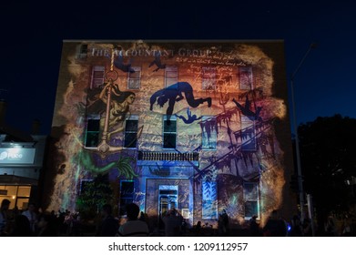 Geelong, Australia - October 13, 2018: The Sirens Light Projection On The Accountant Group Building On Malop Street During The White Night Geelong Arts Festival.