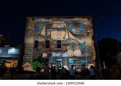 Geelong, Australia - October 13, 2018: The Sirens Light Projection On The Accountant Group Building On Malop Street During The White Night Geelong Arts Festival.