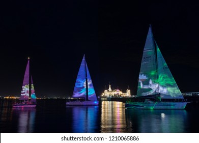 Geelong, Australia - October 13, 2018: Siren Song Light Projections Onto Yachts Moored By Cunningham Pier During White Night Geelong.