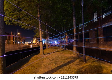 Geelong, Australia - October 13, 2018: Horizons Light Installation By Jasmine Grace At White Night Geelong. The Installation Consists Of Luminous String Art.