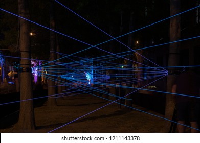 Geelong, Australia - October 13, 2018: Horizons Light Installation By Jasmine Grace At White Night Geelong. The Installation Consists Of Luminous String Art.