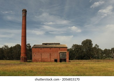 GEELONG, VICTORIA - March 7, 2021: abandoned red brick building and chimney at the former Phoenix wool scouring works in Marnock Vale