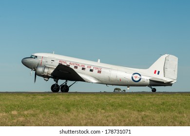 GEELONG, VICTORIA/AUSTRALIA, MARCH 7TH: Image Of A Royal Australian Airforce Douglas DC-3 Aircraft Taxiing Prior To Taking Off From Avalon Airport On 7th March, 2011 In Geelong