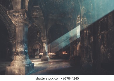 GEGHARD, ARMENIA - 8 NOVEMBER 2017: Interior Of Armenian Church. Light Coming Inside The Armenian Apostolic Church. Holly Christian Place.