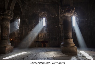 GEGHARD, ARMENIA - 8 NOVEMBER 2017: Interior of Armenian church. Light coming inside the Armenian apostolic church. Holly Christian place.