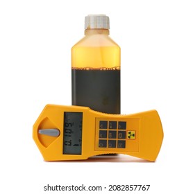 Geiger Counter And Povidone Iodine HF 10% Bottle Isolated On White