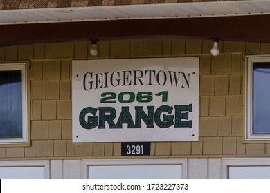 Geigertown, PA / USA - May 2, 2020: A Sign At Grange 2061.  In The US, The Grange Is A Farmer’s Organization That Sponsors Social Activities, Community Service, And Political Lobbying.