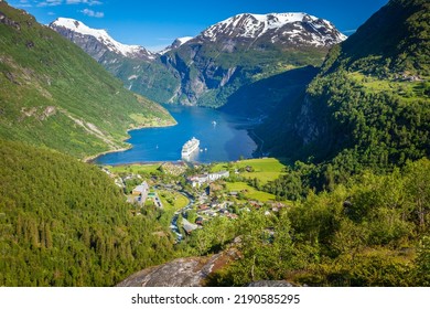 Geiranger Fjord, Ship And Village In More Og Romsdal, Norway, Northern Europe