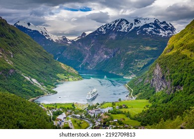 Geiranger Fjord, Ship And Village In More Og Romsdal, Norway, Northern Europe