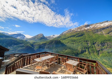 GEIRANGER, NORWAY - 2016 JUNE 13. View from the Westeras Cafe with beautiful Norwegian landscape and nature.