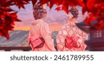 Geisha from Japan. Asian girls with backs to camera. Two geisha in kimono. Eastern women admire mountains. Japan culture. Geisha looking at sunset. Landscape Japan with red maple leaves