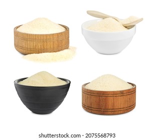 Gelatin powder in bowls on white background, collage 