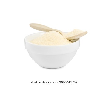 Gelatin powder in spoon and bowl isolated on white