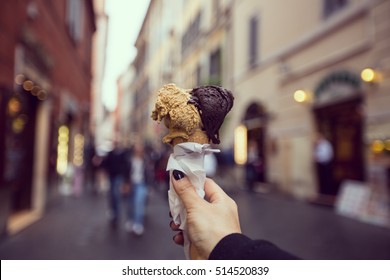 Gelato Ice Cream Cone Sweet Dessert In Florence City.