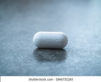 Gemfibrozil Pill Medication Used To Treat Abnormal Blood Lipid Levels In Hyperlipidemia, Hypertriglyceridemia