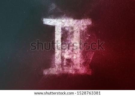 Gemini Zodiac Sign White Red. Night sky Abstract background