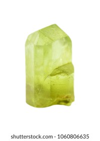 Gemstone chrysolite. Collection specimen of a green peridot mineral isolated on a white background