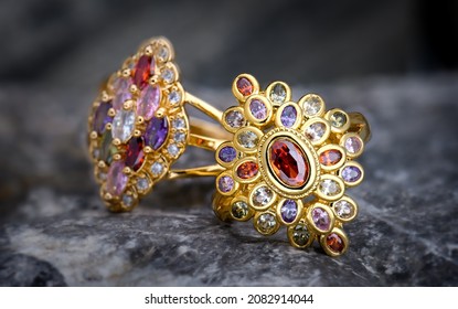 Gemstone Jewelry Golden Ring With Nature Stone Texture In Studio Lighting.