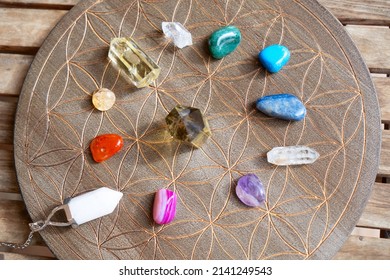 Gemstones Minerals Over Life Flower Chart. Magic Healing Rock For Reiki Crystal Ritual, Witchcraft, Spiritual Esoteric Practice