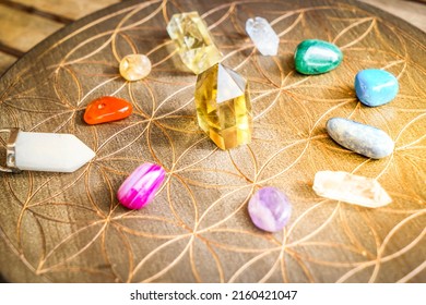 Gemstones Minerals Over Life Flower Chart. Magic Healing Rock For Reiki Crystal Ritual, Witchcraft, Spiritual Esoteric Practice