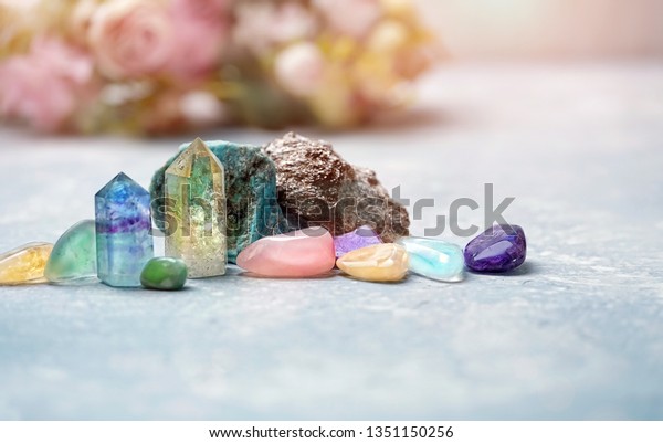gemstones\
minerals for relax and meditation on table close up. healing stones\
for Magic Crystal Ritual, Witchcraft, Chakra relaxation. spiritual\
practice, Esoteric life balance\
concept