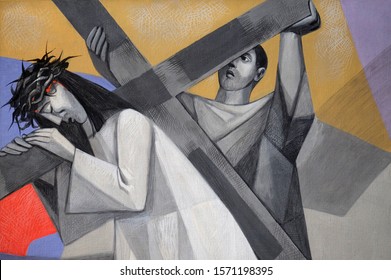 GEMUNDEN, GERMANY - JULY 17, 2019: 5th Stations of the Cross, Simon of Cyrene carries the cross, Church of the Holy Trinity in Gemunden am Main, Bavaria, Germany