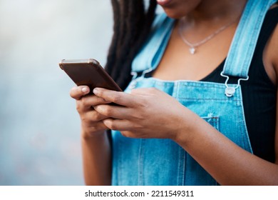 Gen Z Black Woman Hands, Social Media And City Phone Typing, Contact And Communication On Smartphone Internet Technology In Jamaica City. Closeup Urban Girl Mobile Apps, Connect To 5g Website Online