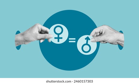 Gender equality or comparison. Collage with Hands holding male and female gender sign. Love, freedom and awareness concept