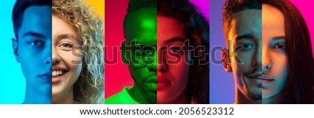 Gender equality. Couple of cropped images of multiethnic men and women on colored background. Collage made of half of faces. Concept of emotions, unification of all nations, ages and interests.