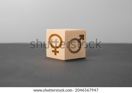 gender equality and difference. conceptual image, a wooden cube of the mtr is a sign of the male and female gender. Male and female symbol on wooden block. copy space