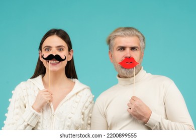 Gender, Equality Diversity Concept. Male Female Portrait. Transgender Gender Identity, Equality And Human Rights. Funny Couple Of Woman With Moustache And Man With Red Lips.