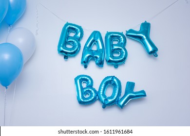 Gender Reveal Baby Shower . Baby Boy Word Balloons. Blue And White Balloon