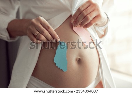gender reveal party, Young pregnant woman holding Pink and blue decoration for baby girl or boy. Maternity event.