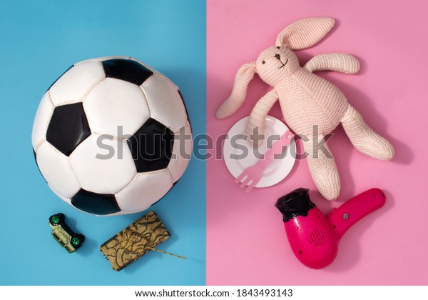 Gender\
stereotype toys on pink and\
bluebackground