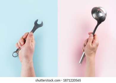 Gender Stereotypes Concept - Female And Male Hands Holding Objects On Pink And Blue Background, Flat Lay