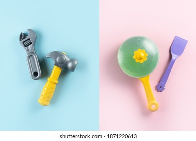 Gender Stereotypes Concept - Female And Male Toys On Pink And Blue Background, Flat Lay