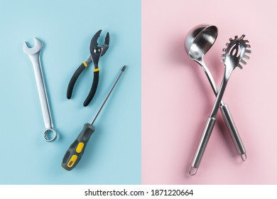 Gender Stereotypes Concept - Female And Male Objects On Pink And Blue Background, Flat Lay