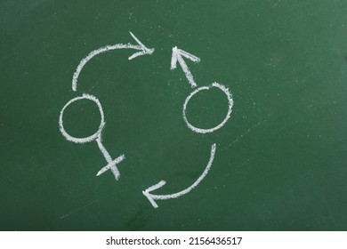 Gender Symbols With Arrows Drawn In Chalk On A Green Chalk Board, Pictograms To Indicate Gender, Gender Change Concept