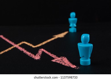 Gender Wage Gap And Equality Concept  - Line Graph Hand Drawn With Chalk On Blackbloard With Male And Female Figurines