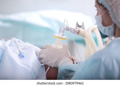 General anesthesia before surgery. Medical anesthesia. Preparing for surgery. Life saving. The anesthesiologist holds a breathing mask. Donation concept. Exit from anesthesia. Copy space. - Shutterstock ID 2083979461
