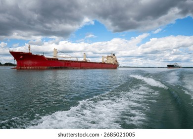General cargo ship and two bulk carriers anchored downstream from the Port of Montreal on the St. Lawrence River