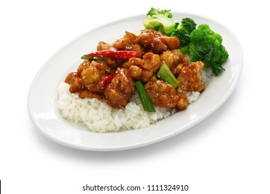 General Tso’s Chicken With Rice, American Chinese Cuisine Isolated On White Background