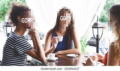 General Data Protection Regulation. Group Of Unrecognizable Women In Cafe, Faces Hidden Behind GDPR Inscription