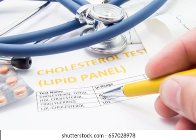 General Practitioner Checks Cholesterol Levels In Patient Test Results On Blood Lipids. Statin Pills, Stethoscope, Cholesterol Test And Hand Of Doctor, Pointing To Increasing Its Level In Concept