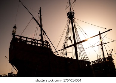 General Shot, In Silhouette, Of An Old Caravel (ship), On A Sunny Day