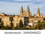 General view of the of Cathedral of Santiago de Compostela complex. Cathedral towers and surrounding buildings. Santiago de Compostela, Galicia, Spain.