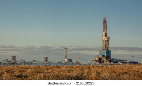 A General View Of A Drilling Rig For Drilling Wells At An Oil And Gas Field In The Arctic Region. Winter. Day. Drilling Equipment And Technical Infrastructure