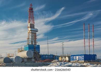 A General View Of A Drilling Rig For Drilling Wells At An Oil And Gas Field In The Arctic Region. Winter. Day. Drilling Equipment And Technical Infrastructure